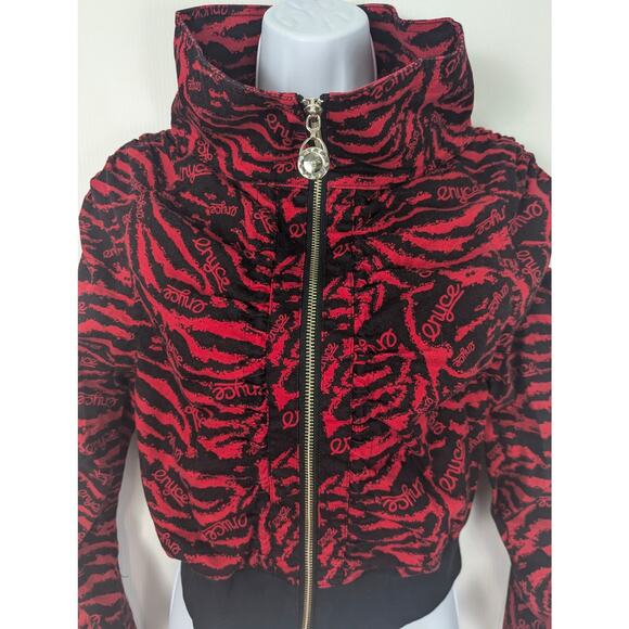 Vintage Y2K Enyce Cropped Jacket Red Black Animal Print Logo Ruched Size M - Picture 5 of 9